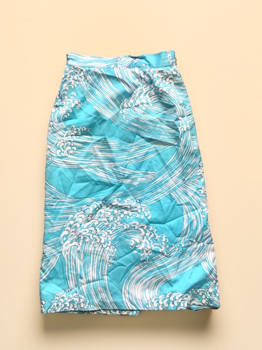 1970's Hand Made High Waisted Pencil Skirt Turquoise & White Satin